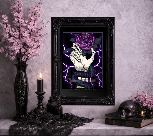 Purple Rose Serpent Gothic Art Print – Skeleton Hand Snake Print – Dark Floral Skull Artwork, 8x6 or 11x14 Matted