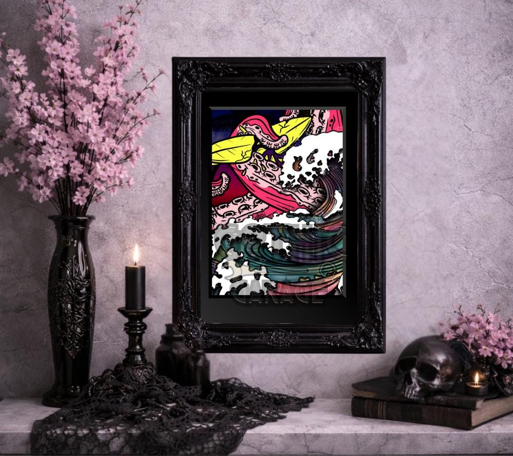Gothic Surreal Octopus Art Print – Coastal Tentacle Surf Wall Decor, 8×6 or 11×14 Matted