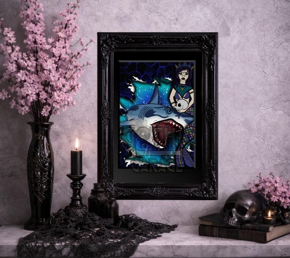Shark Siren Gothic Art Print – Dark Mermaid & Killer Shark Ocean Artwork, 8x6 or 11x14 Matted