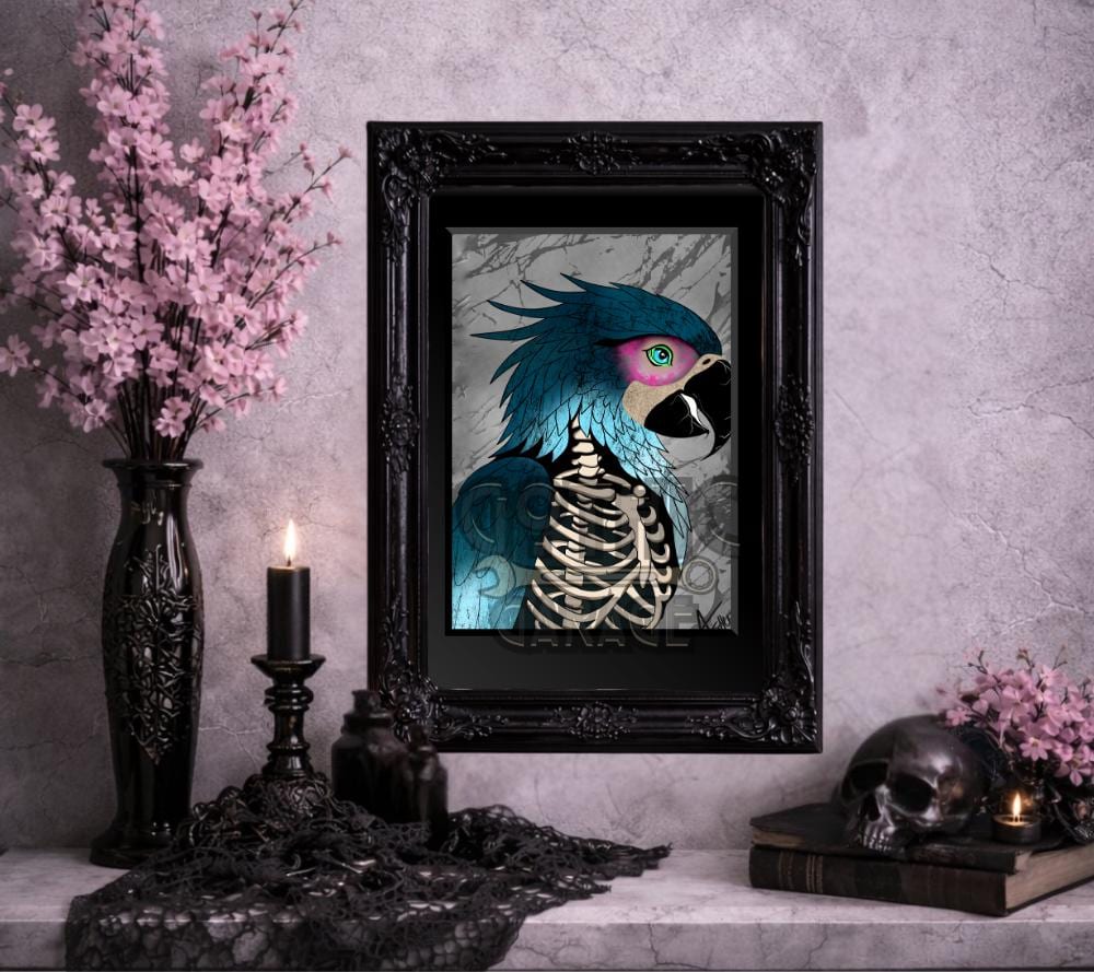 Skeleton Parrot Art Print – Gothic Bird Wall Art, Spooky Tropical Decor