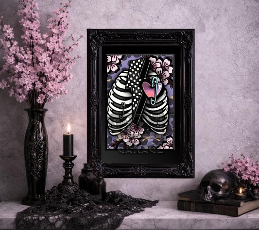 Punk Rib‑Cage Skeleton Print – Cherry Blossom Gothic Art, 8×6 or 11×14 Matted