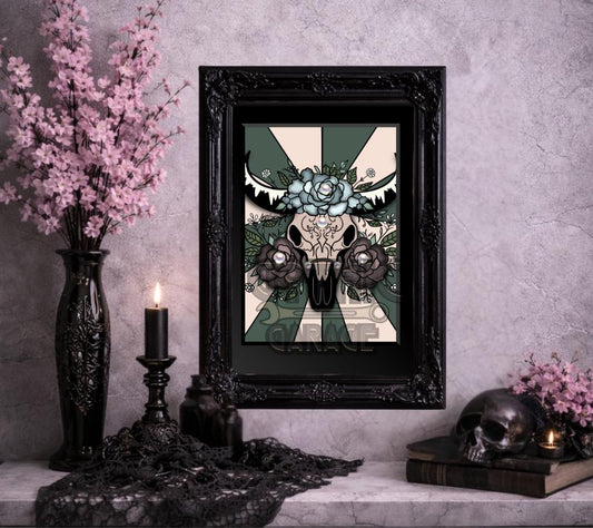 Gothic Cow Skull Floral Art Print – Western Goth Wall Decor, 8×6 or 11×14 Matted Decor
