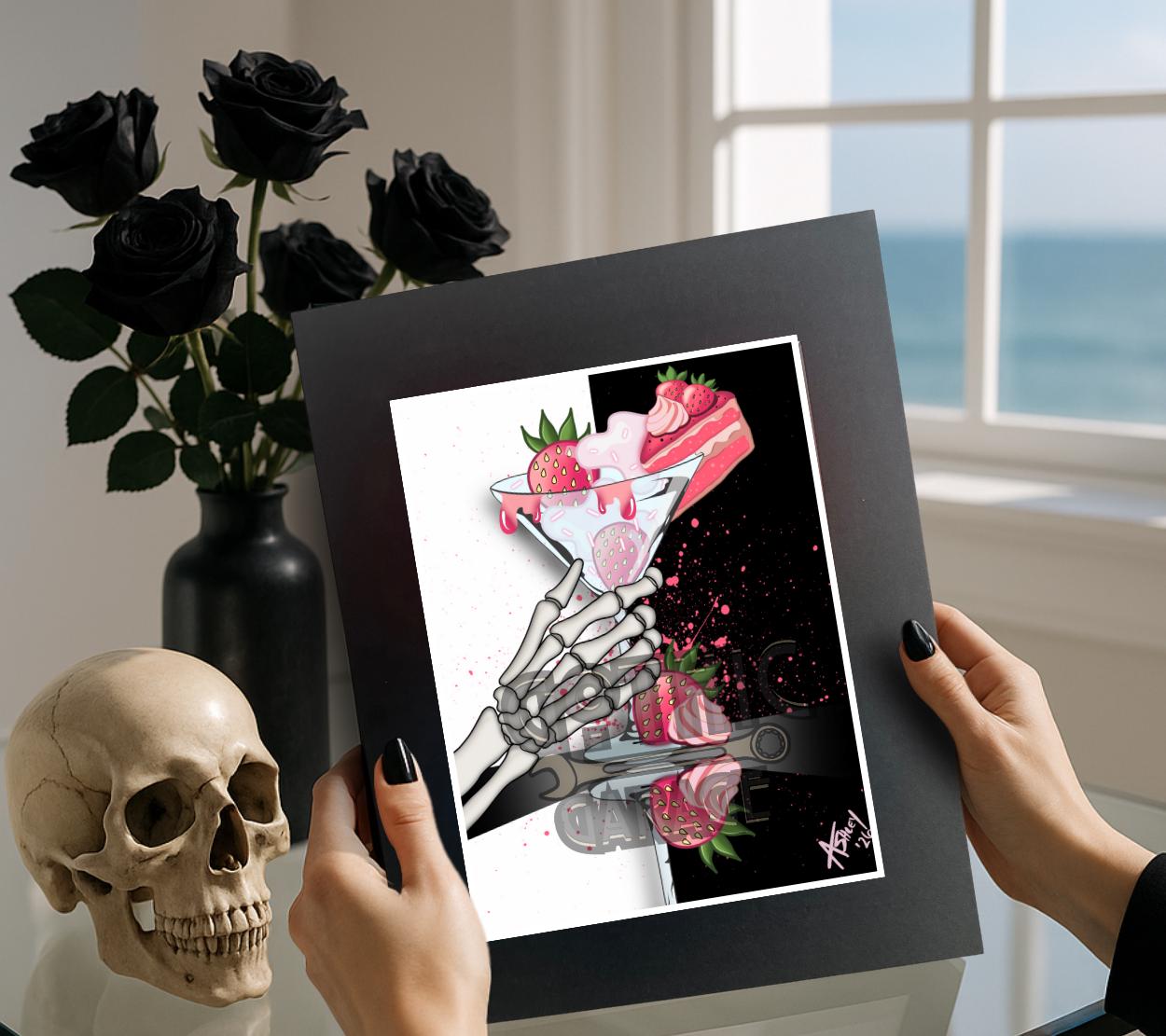 Strawberries & Cream Martini Skeleton Art Print