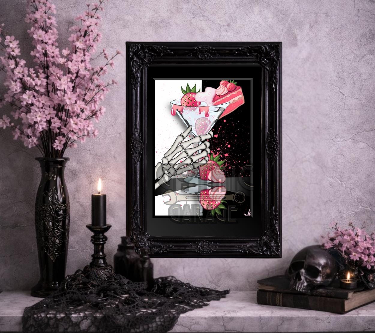 Strawberries & Cream Martini Skeleton Art Print