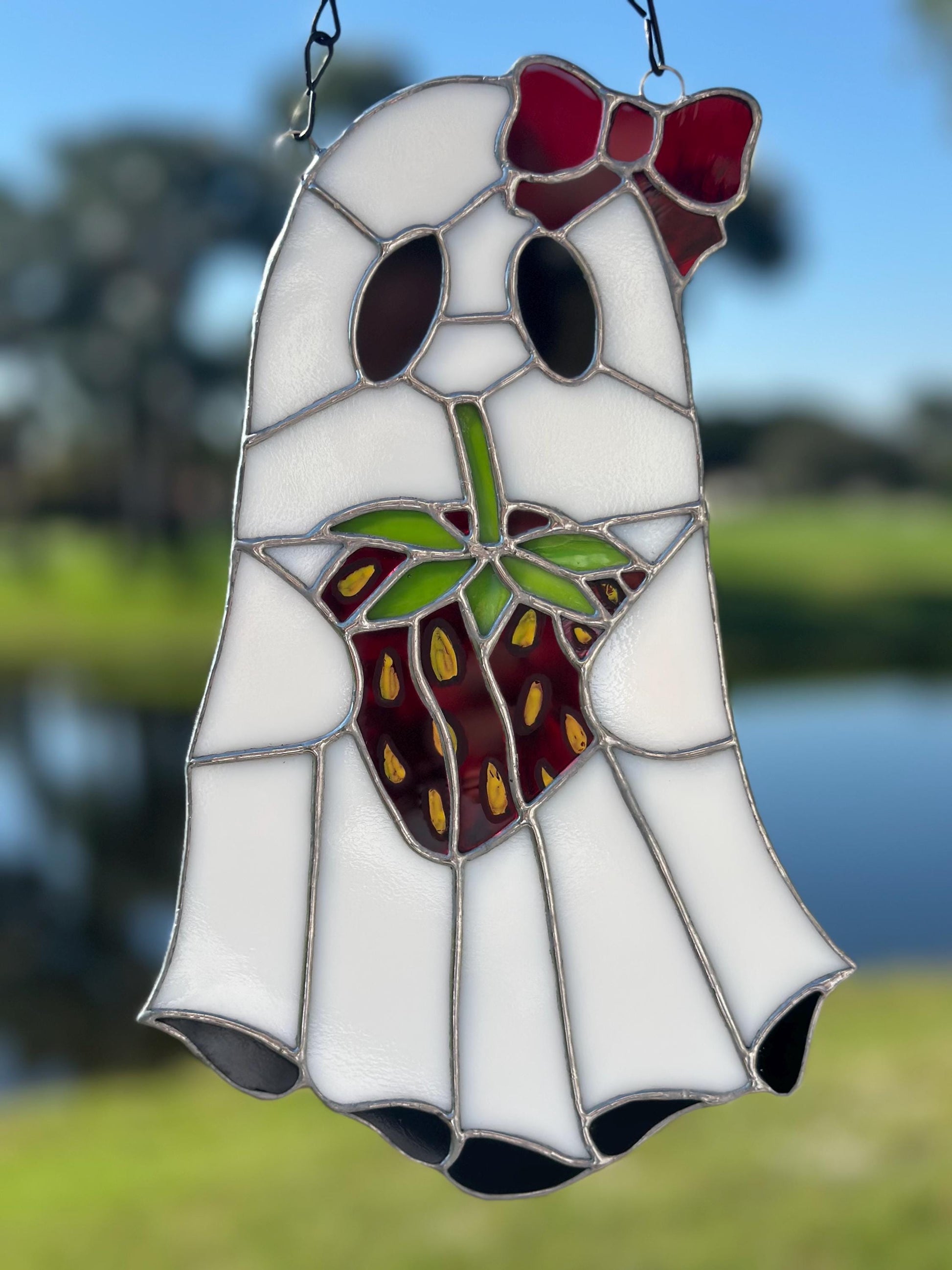 Strawberry Ghost Stained Glass Suncatcher – Gothic Cute Window Hanging Decor