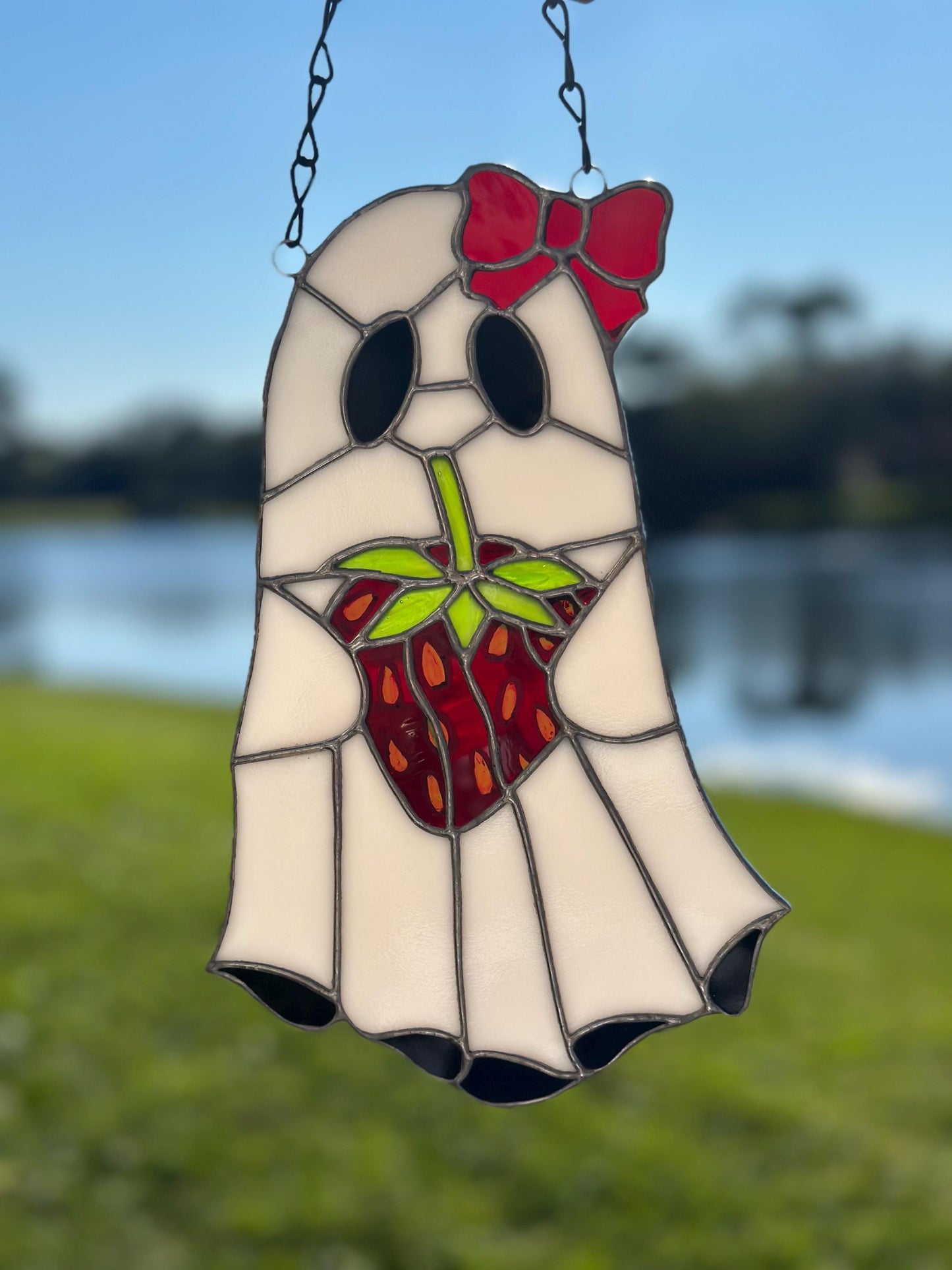 Strawberry Ghost Stained Glass Suncatcher – Gothic Cute Window Hanging Decor