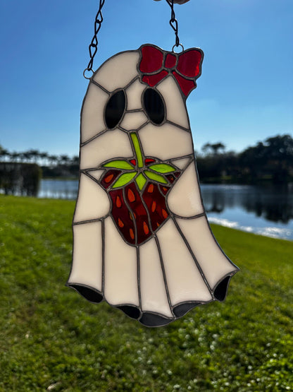 Strawberry Ghost Stained Glass Suncatcher – Gothic Cute Window Hanging Decor
