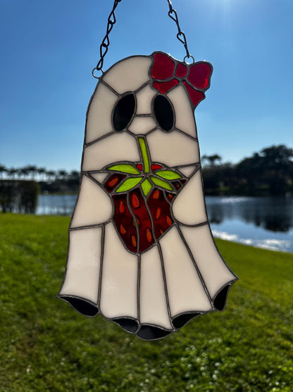 Strawberry Ghost Stained Glass Suncatcher – Gothic Cute Window Hanging Decor