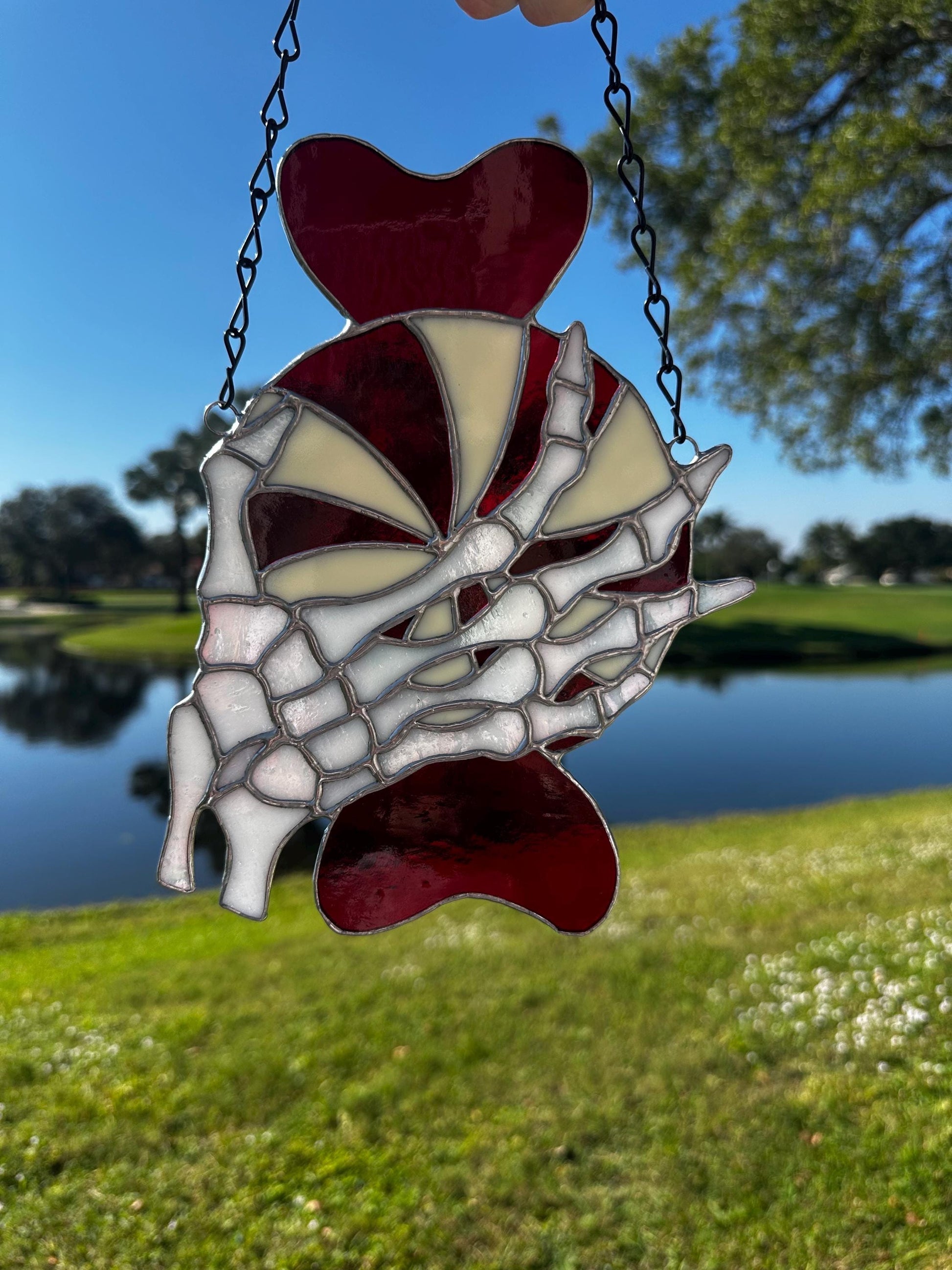 Gothic Stained Glass Candy Cane with Skeleton Hands – Dark Holiday Suncatcher Art