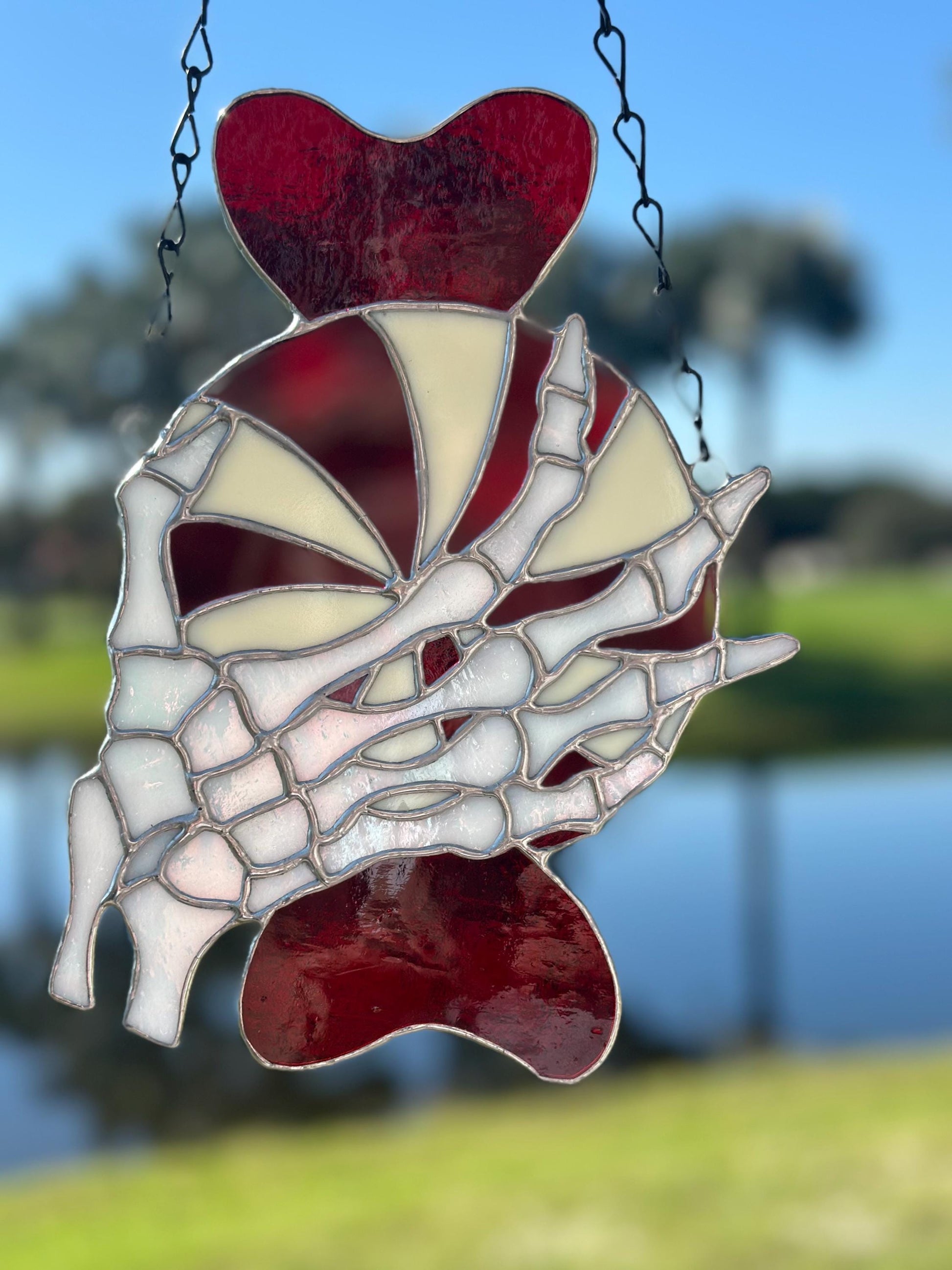 Gothic Stained Glass Candy Cane with Skeleton Hands – Dark Holiday Suncatcher Art