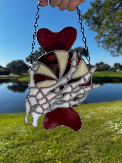 Gothic Stained Glass Candy Cane with Skeleton Hands – Dark Holiday Suncatcher Art