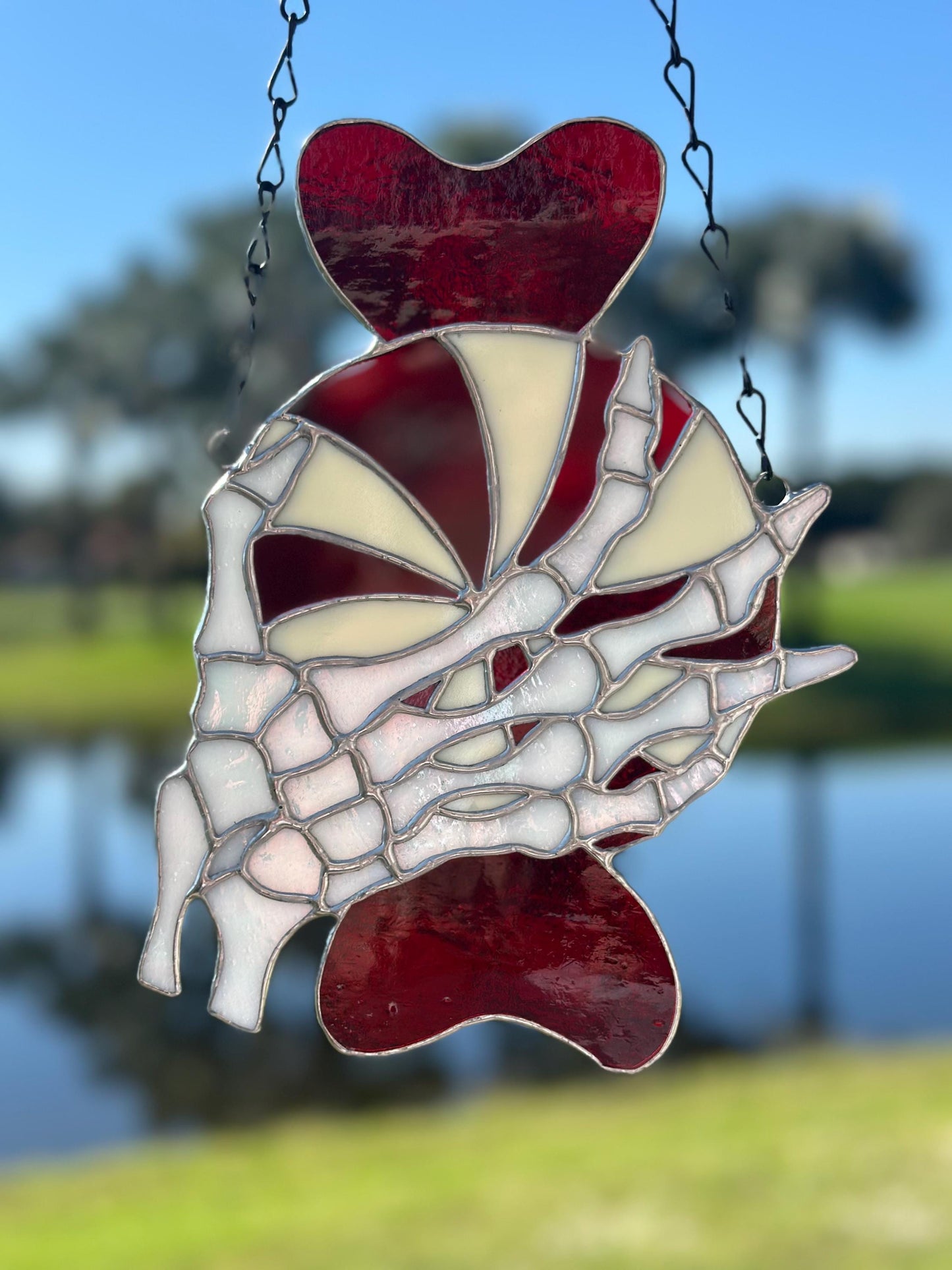 Gothic Stained Glass Candy Cane with Skeleton Hands – Dark Holiday Suncatcher Art