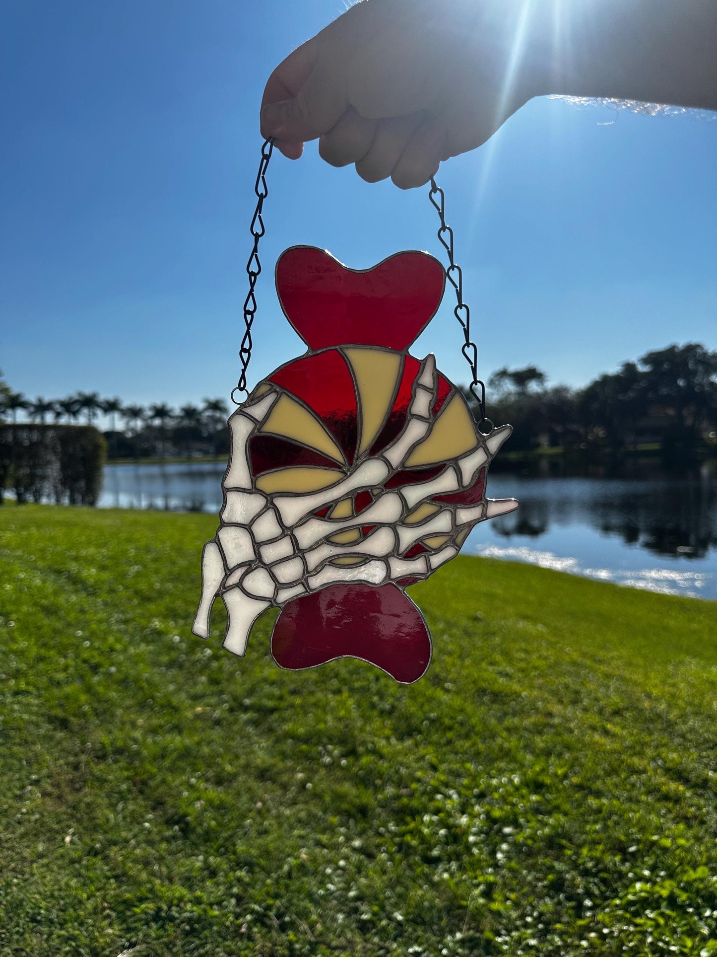 Gothic Stained Glass Candy Cane with Skeleton Hands – Dark Holiday Suncatcher Art