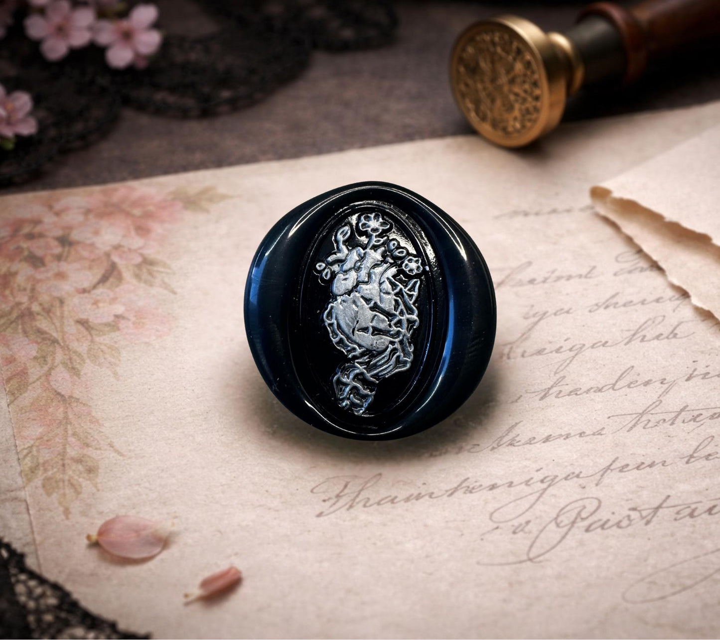 Gothic Anatomical Heart Wax Seal: Skeleton Hand, Flowers, Adhesive