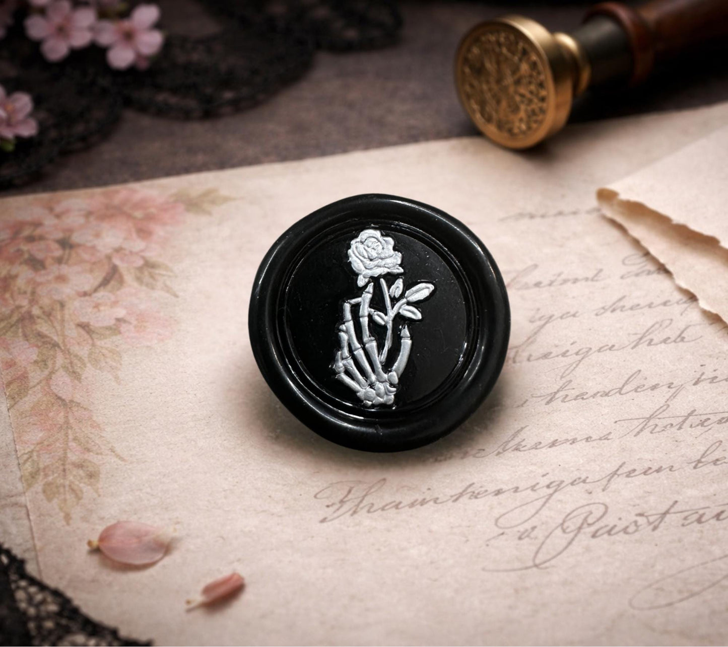 Skeleton Hand & Rose Wax Seal Sticker: Gothic Wedding Invitation Envelope Seal