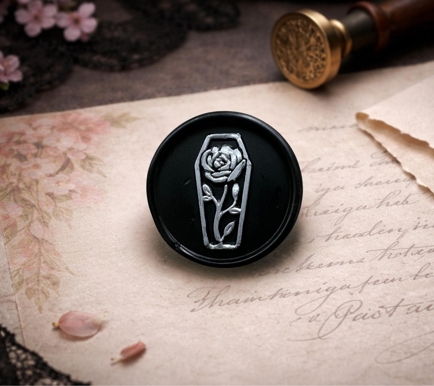 Coffin Rose Wax Seal Sticker – Gothic Soy Wax Seal, Hand-Poured for Envelopes, Gifts & Witchy Stationery
