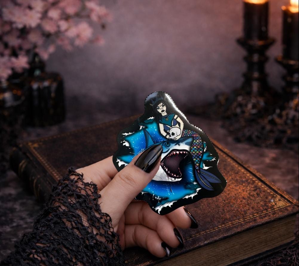 Gothic Siren & Shark Sticker: Waterproof Horror Decal