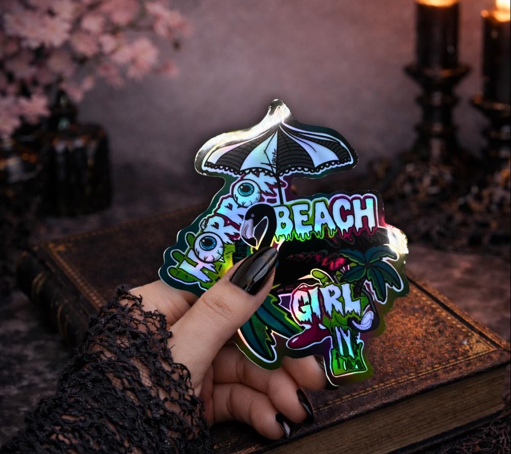 Horror Beach Girl Waterproof Sticker – Gothic Flamingo Palm Tree Decal in Glossy or Holographic Finish