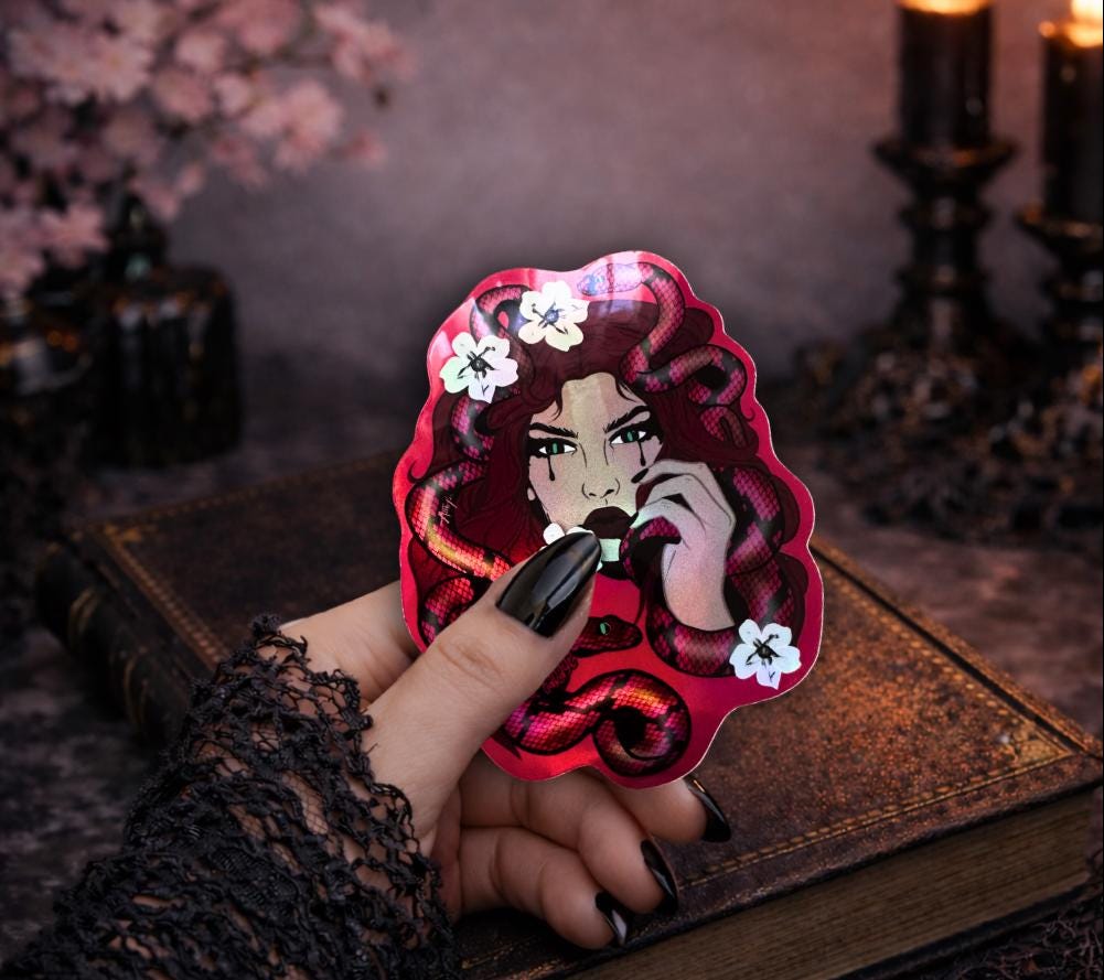 Medusa Gothic Waterproof Sticker – Snake Woman Vinyl Decal for Laptops, Journals & Gothic Art Lovers
