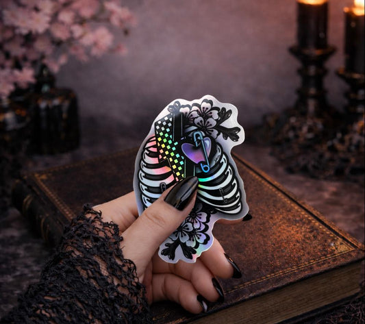 Punk Skeleton Rib Cage Sticker: Cherry Blossoms, Gothic, Waterproof