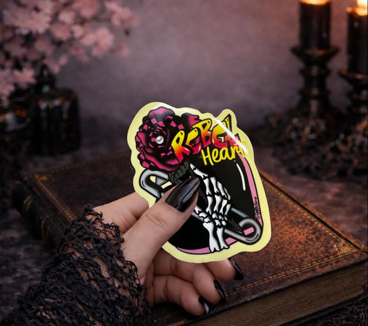 Rebel Heart Punk Sticker: Skeleton Hand, Rose, Safety Pin - Waterproof Die Cut