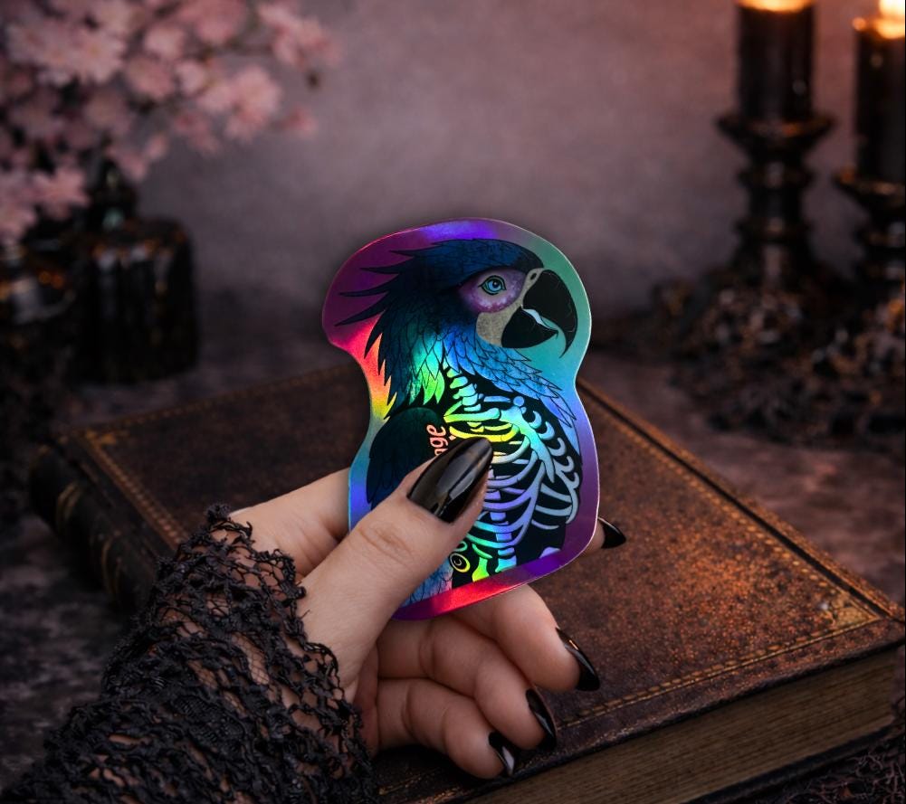 Skeleton Parrot Waterproof Sticker – Goth Bird Vinyl Decal