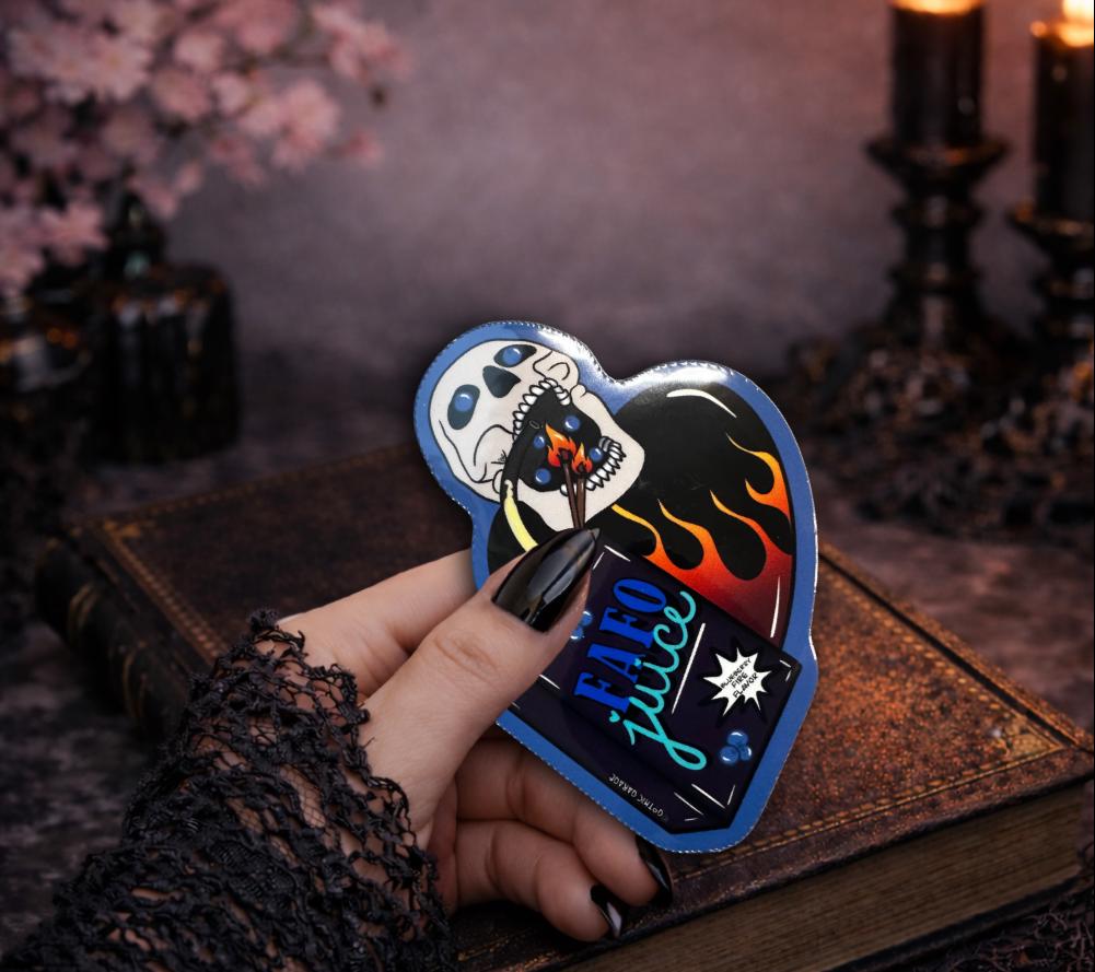 FAFO Juice Skull Sticker: Gothic Sarcasm, Waterproof Vinyl (Glossy or Holographic)