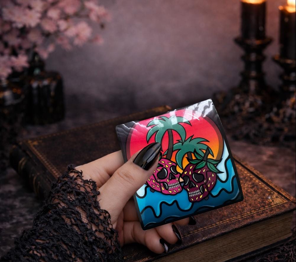 Florida Strawberry Skull Sticker: Gothic Beach Sunset, Waterproof Vinyl