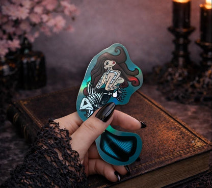Gothic Nude Mermaid Die Cut Waterproof Sticker—Dive deep into haunting waters with this mesmerizing dark fantasy sticker!