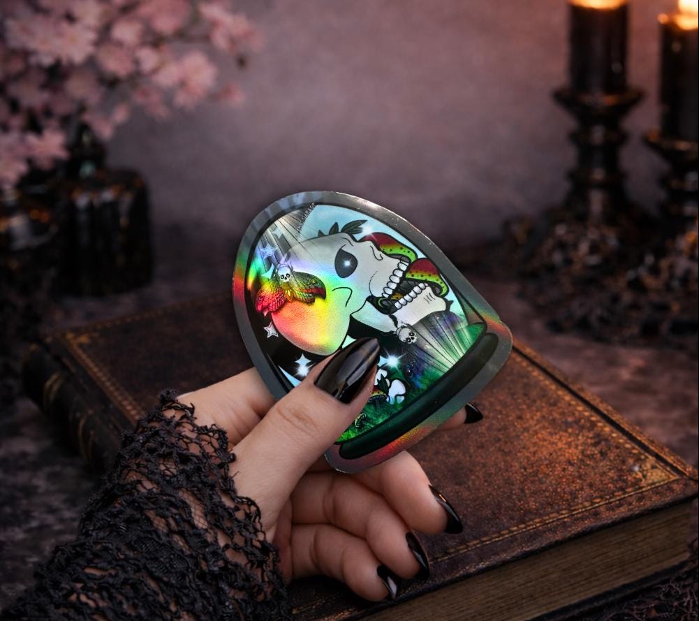 Gothic Skull Terrarium Sticker: Waterproof Oddities Art, Glossy or Holographic