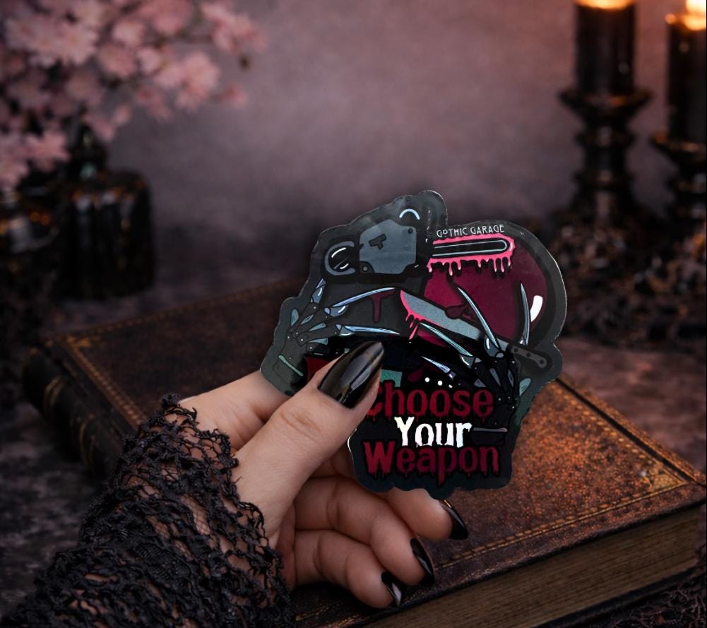 Horror Junkie Weapons, Waterproof Die Cut Sticker, Choose Between Glossy or Holographic, Perfect to Add Retro & Vintage Fun to any Surface