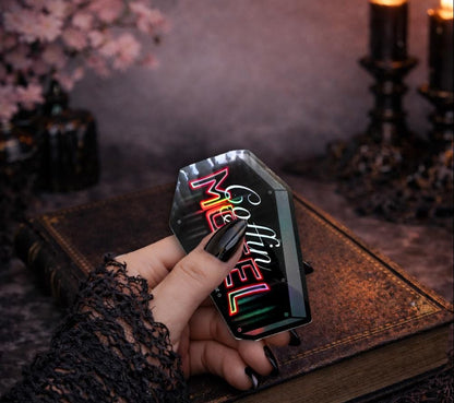 Neon Red Coffin Motel Sticker: Gothic Waterproof Die Cut