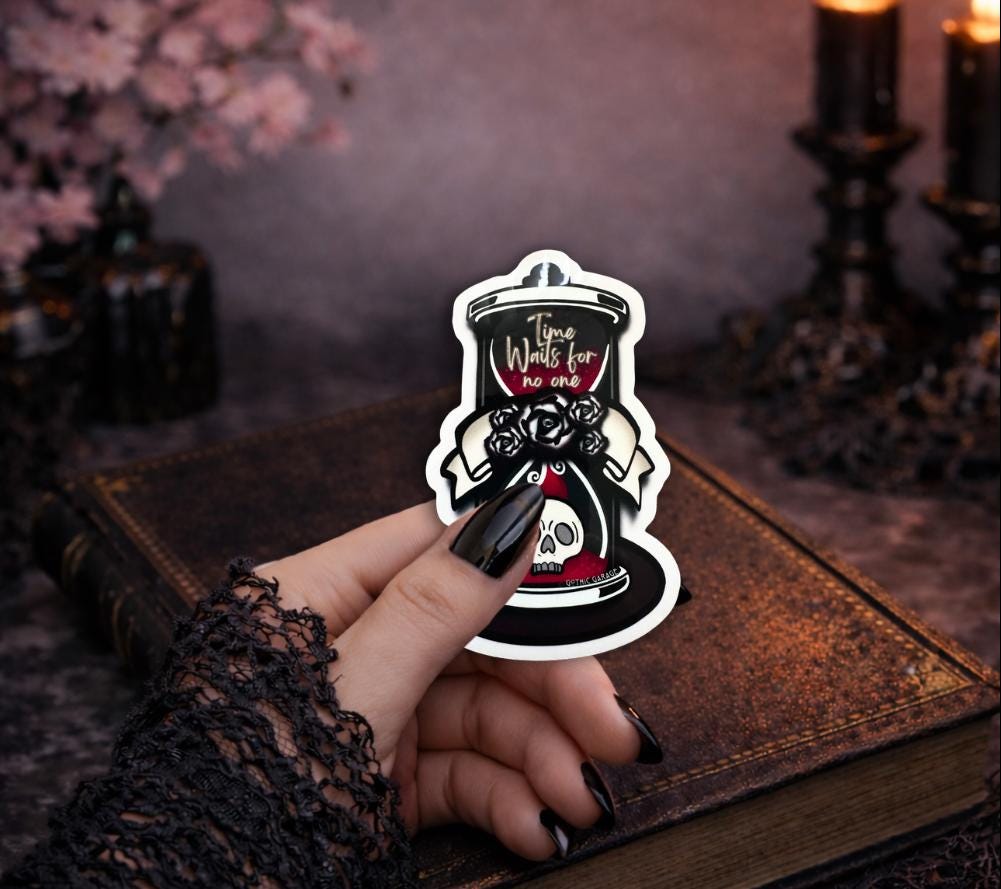 Skull Hourglass Sticker: Gothic Waterproof Die Cut, Glossy or Holographic