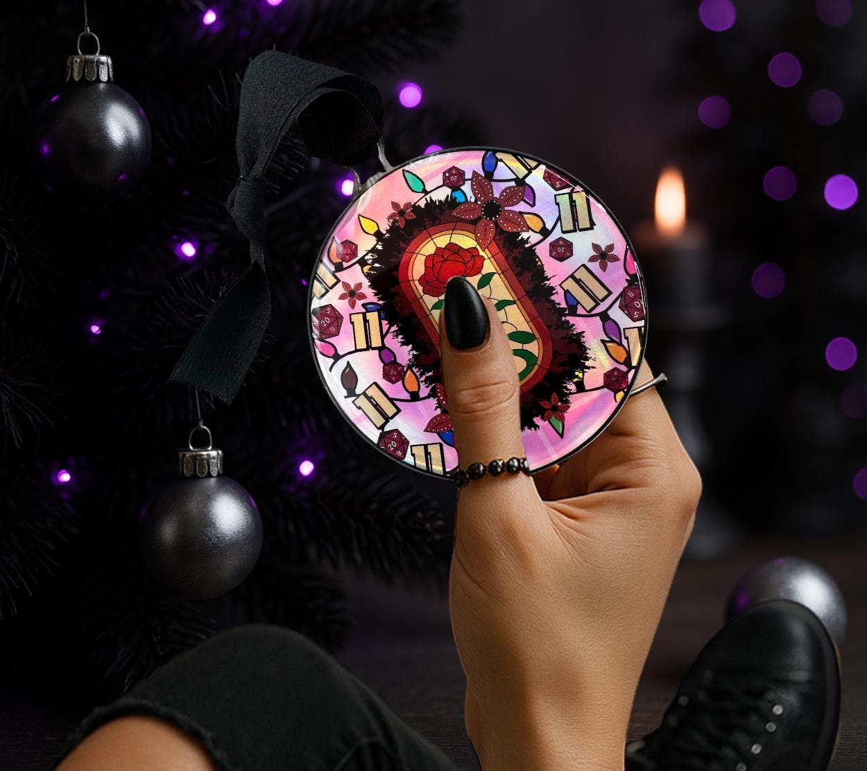 Upside Down Stained Glass Ornament, Gothic Horror Decor, Holographic Acrylic Hanging Art