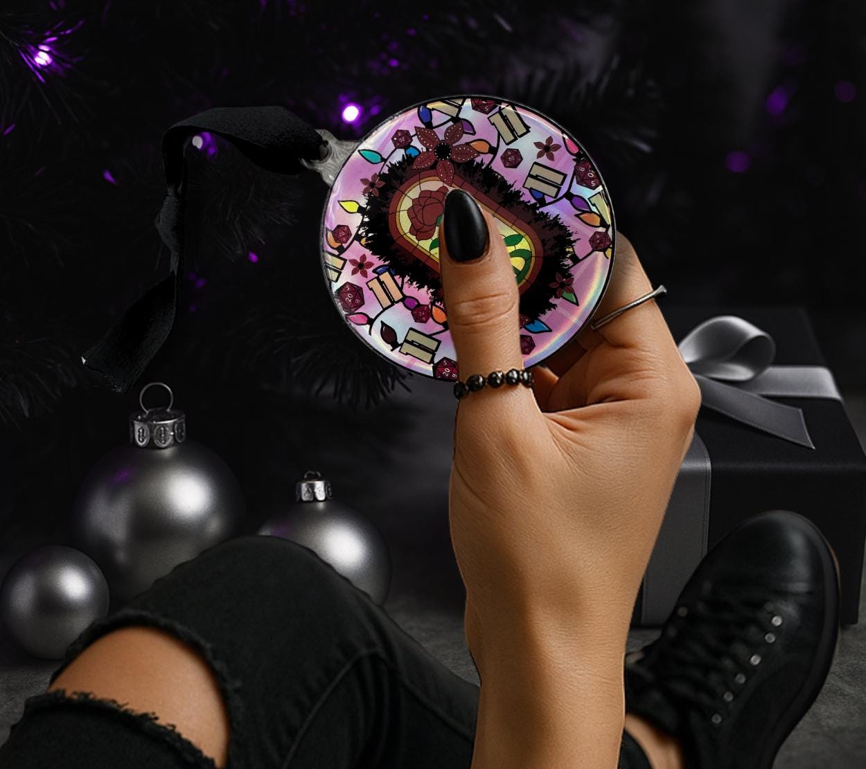 Upside Down Stained Glass Ornament, Gothic Horror Decor, Holographic Acrylic Hanging Art