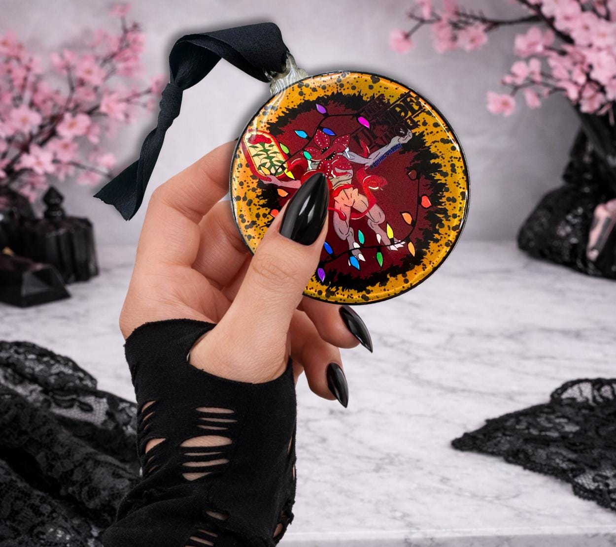 Upside Down Demogorgon Ornament, Gothic Horror Decor, Holographic Acrylic Hanging Art