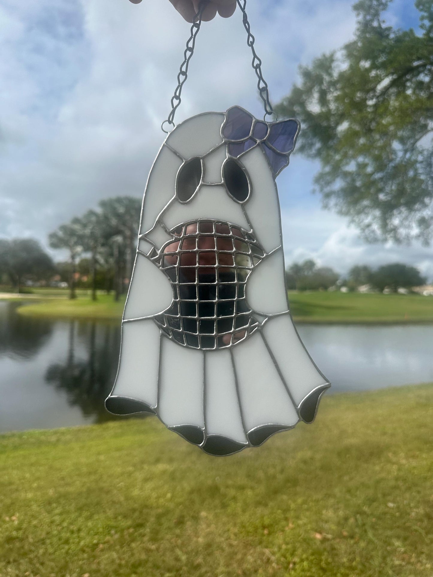 Disco Ghost Stained Glass Suncatcher – Gothic Window Hanging Decor