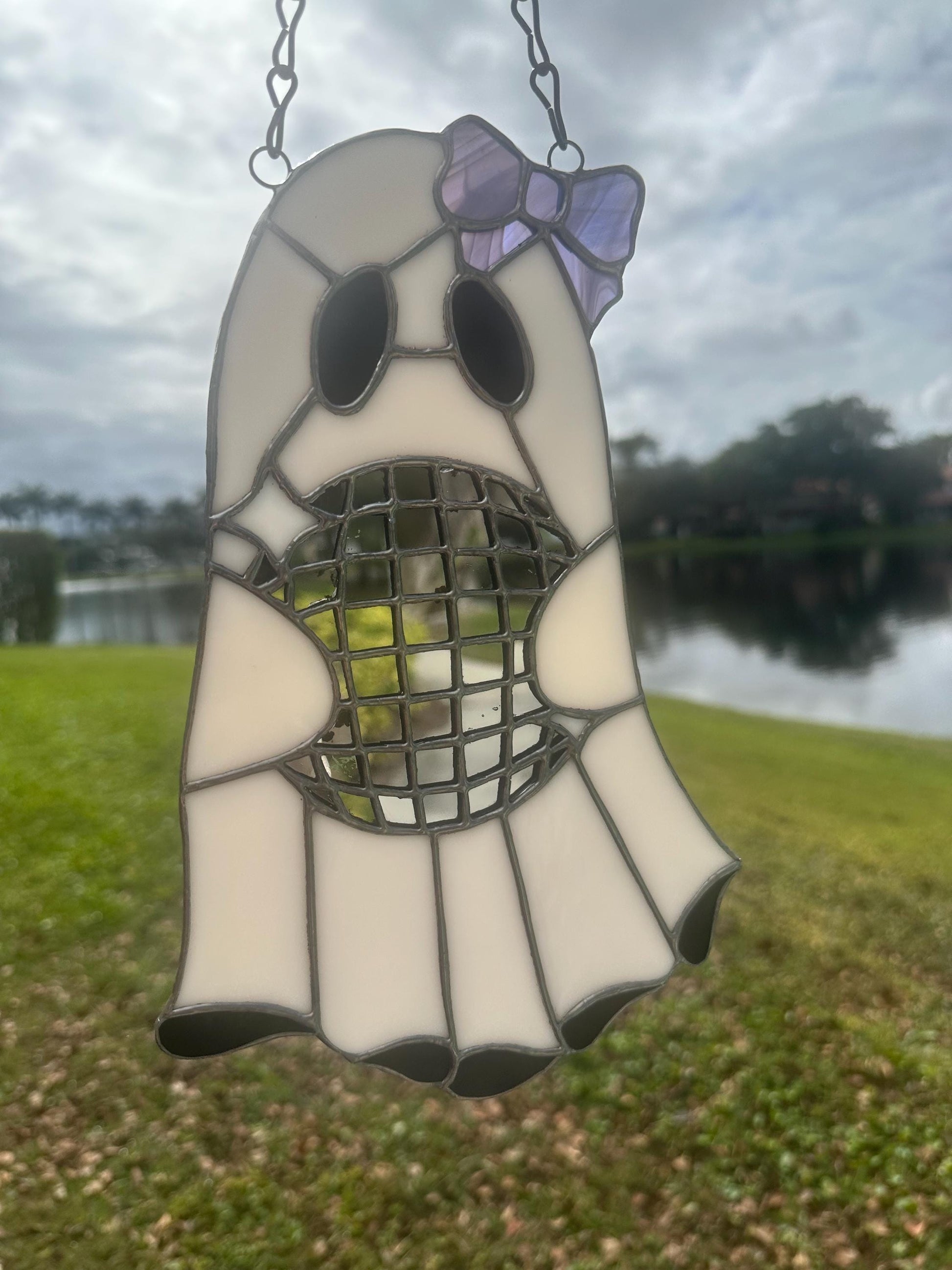 Disco Ghost Stained Glass Suncatcher – Gothic Window Hanging Decor