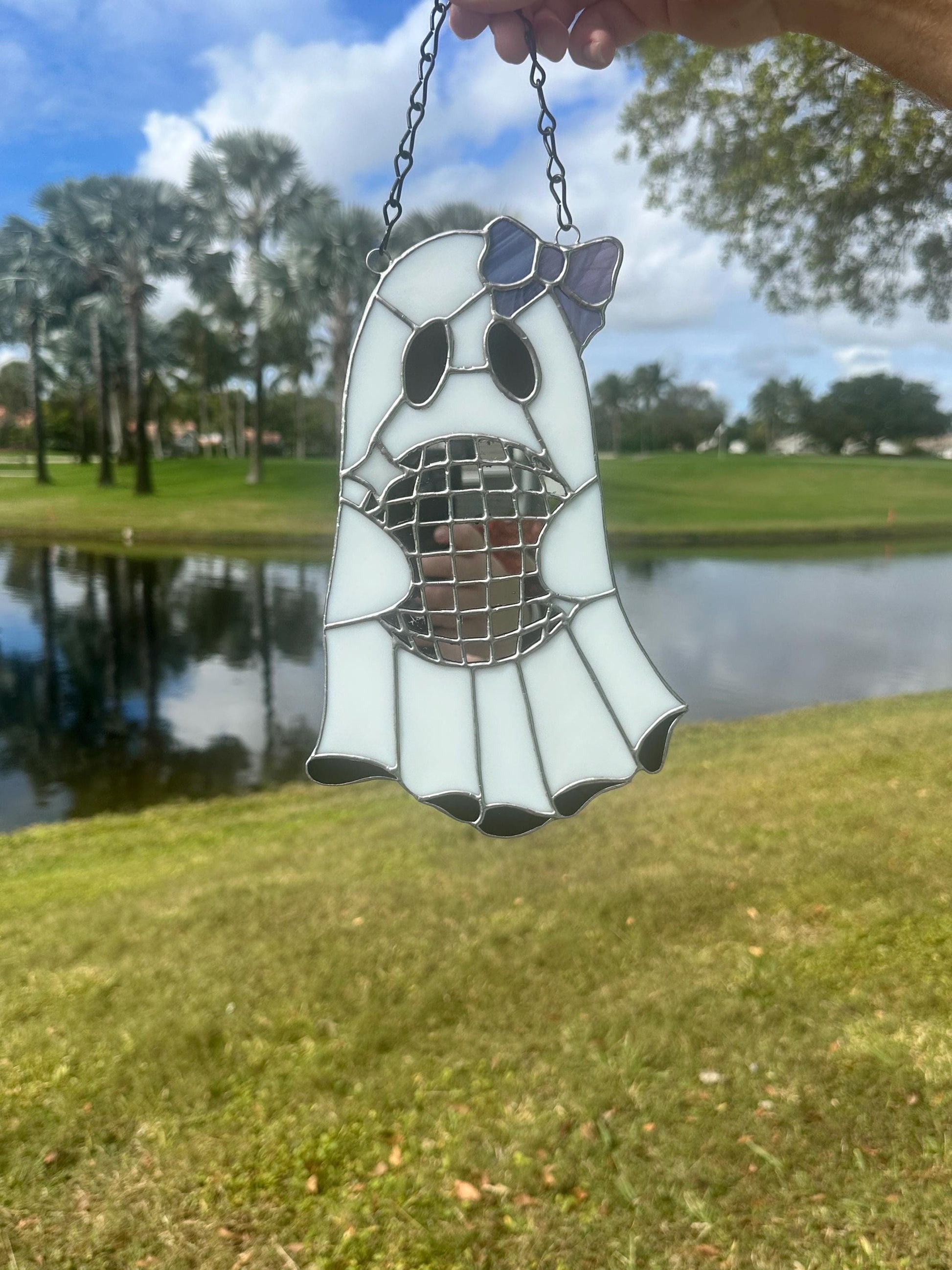 Disco Ghost Stained Glass Suncatcher – Gothic Window Hanging Decor