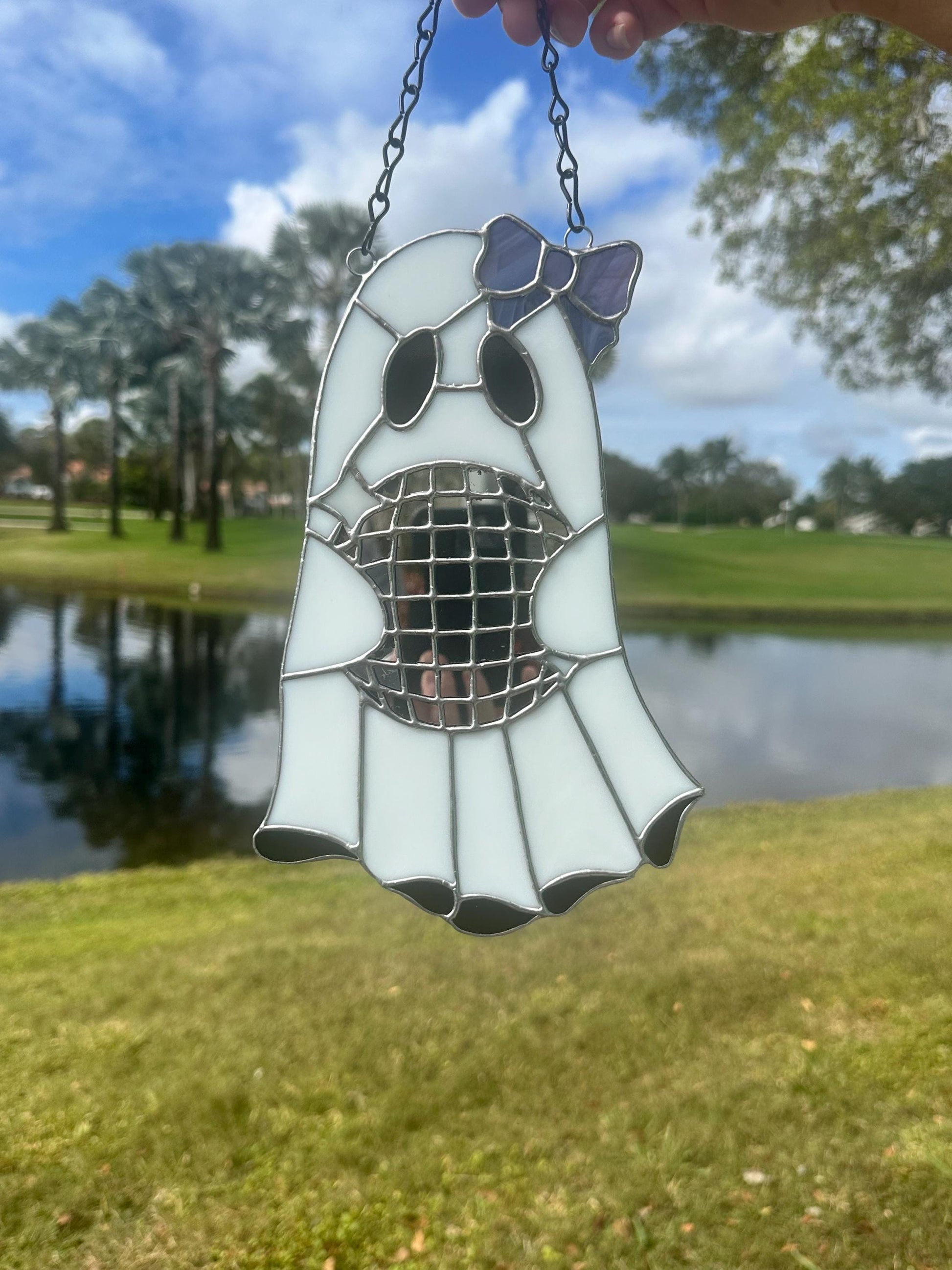 Disco Ghost Stained Glass Suncatcher – Gothic Window Hanging Decor