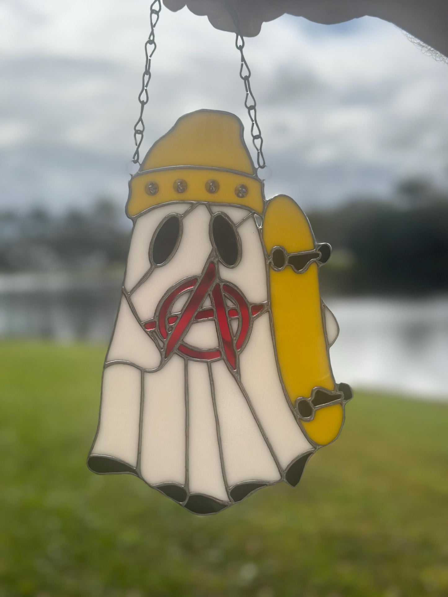 Punk Ghost Stained Glass Suncatcher – Gothic Window Hanging Decor