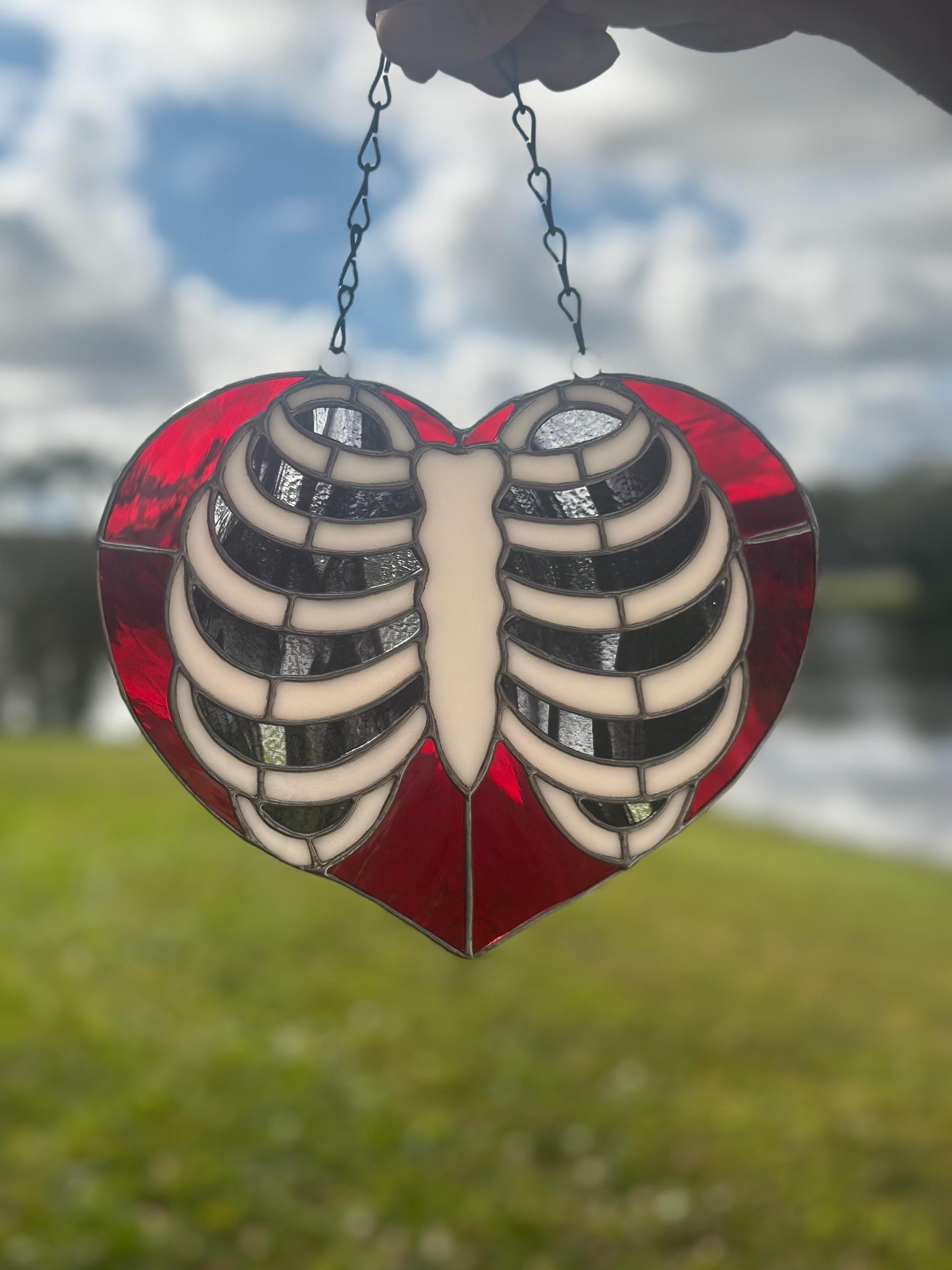 Anatomical Ribcage Heart Stained Glass Suncatcher – Gothic Love Window Art