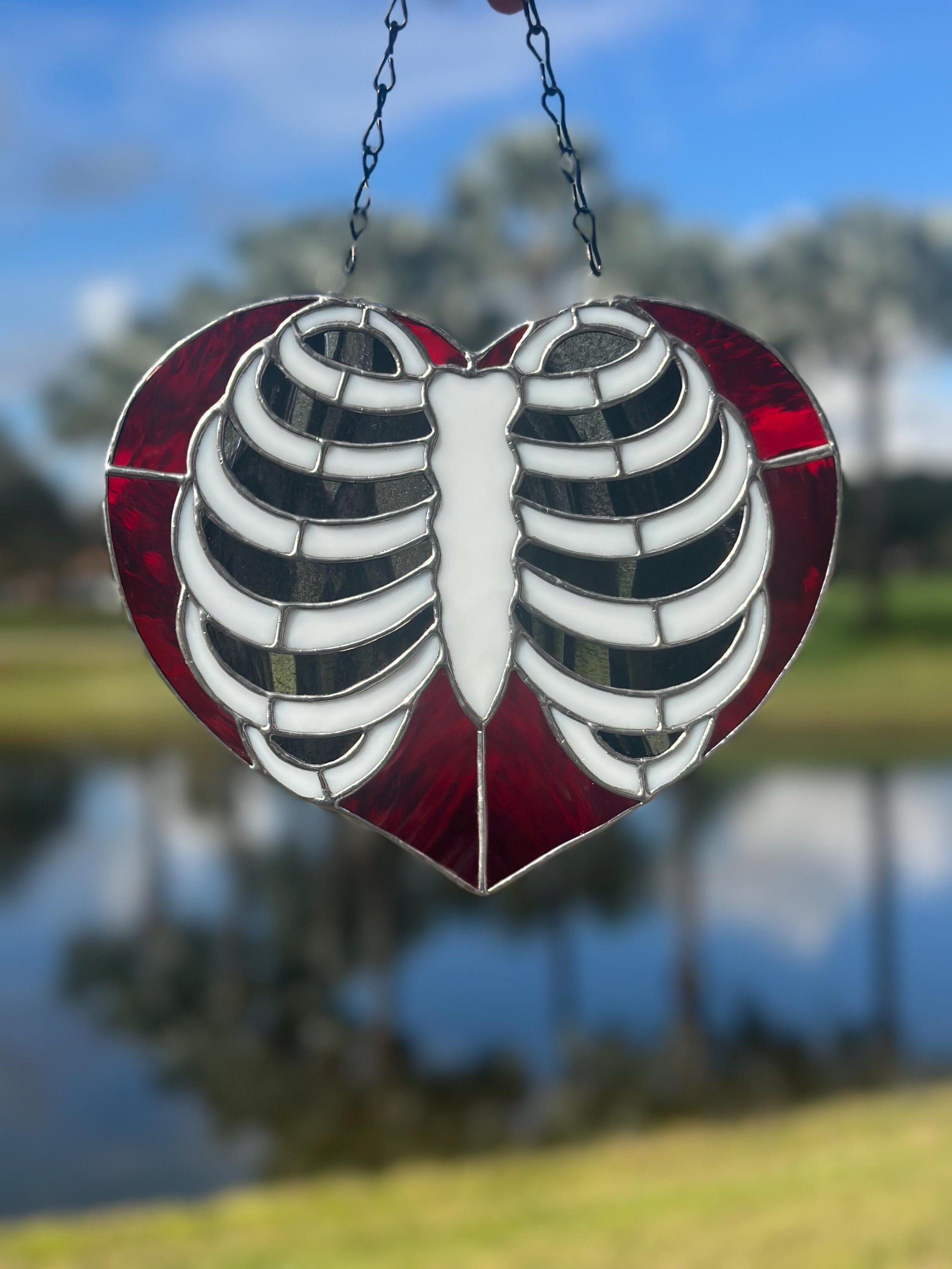 Anatomical Ribcage Heart Stained Glass Suncatcher – Gothic Love Window Art
