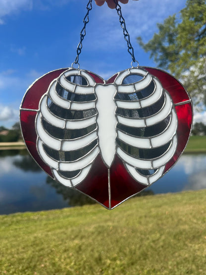 Anatomical Ribcage Heart Stained Glass Suncatcher – Gothic Love Window Art