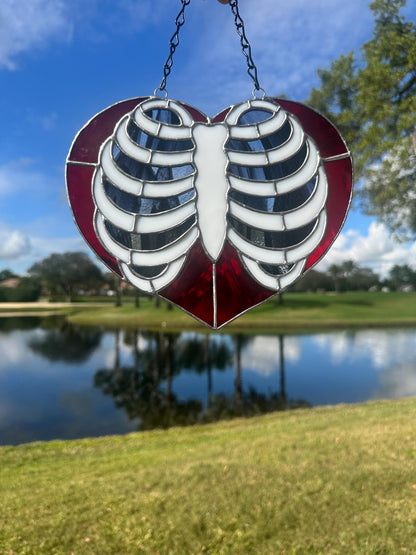 Anatomical Ribcage Heart Stained Glass Suncatcher – Gothic Love Window Art