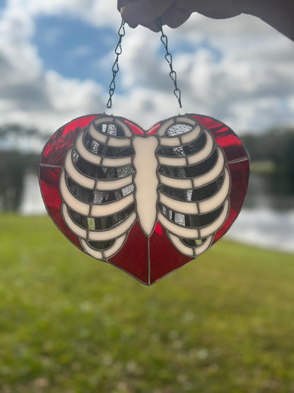 Anatomical Ribcage Heart Stained Glass Suncatcher – Gothic Love Window Art