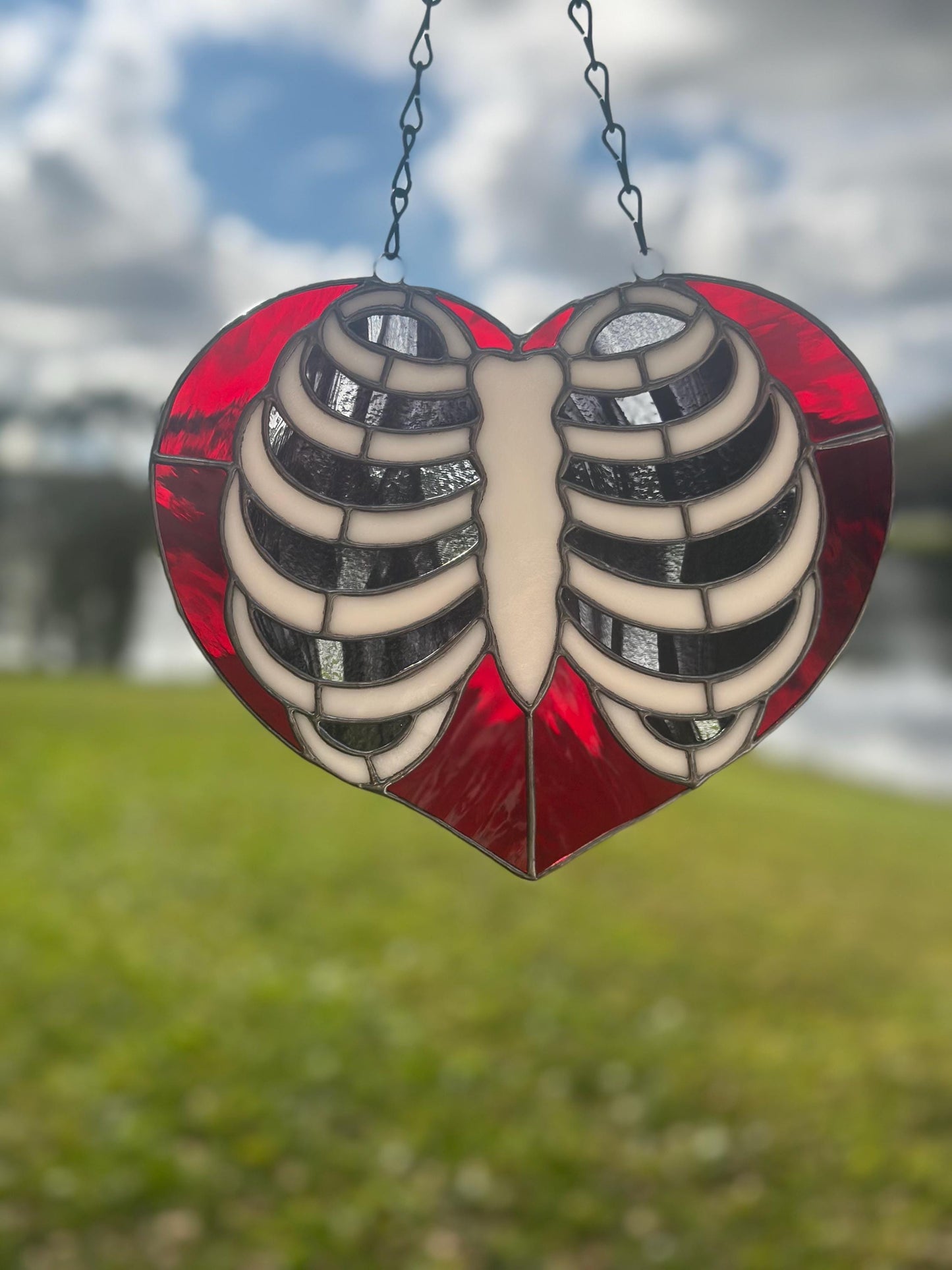 Anatomical Ribcage Heart Stained Glass Suncatcher – Gothic Love Window Art