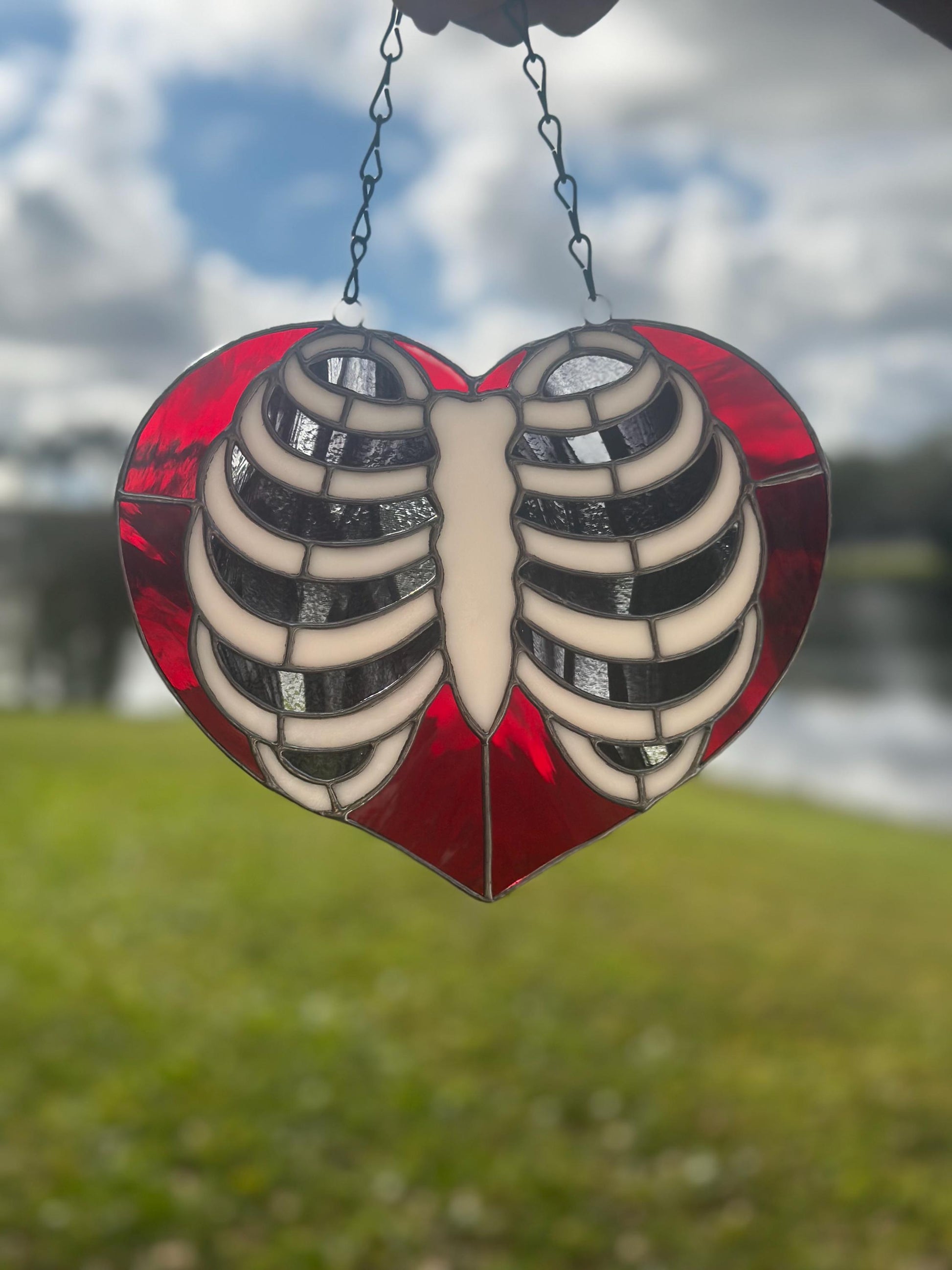 Anatomical Ribcage Heart Stained Glass Suncatcher – Gothic Love Window Art
