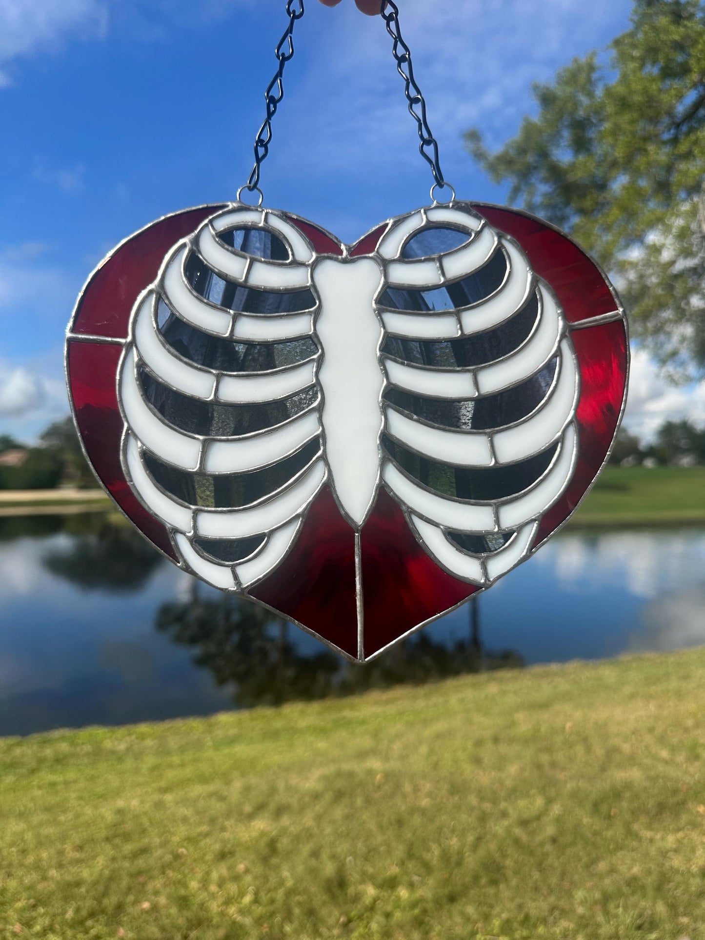 Anatomical Ribcage Heart Stained Glass Suncatcher – Gothic Love Window Art