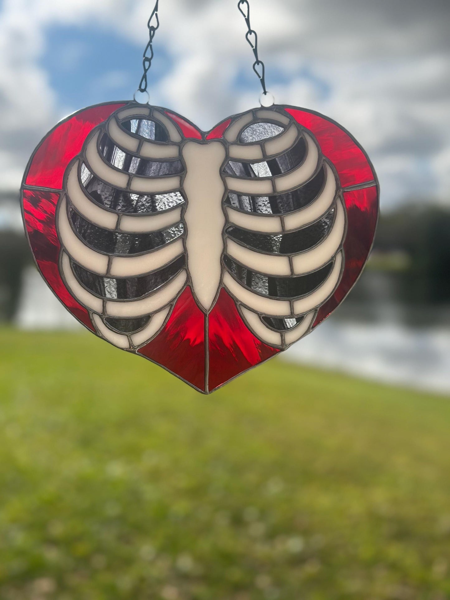 Anatomical Ribcage Heart Stained Glass Suncatcher – Gothic Love Window Art